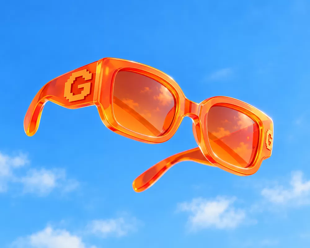 Orange sunglasses with a G on the lens, against a blue sky