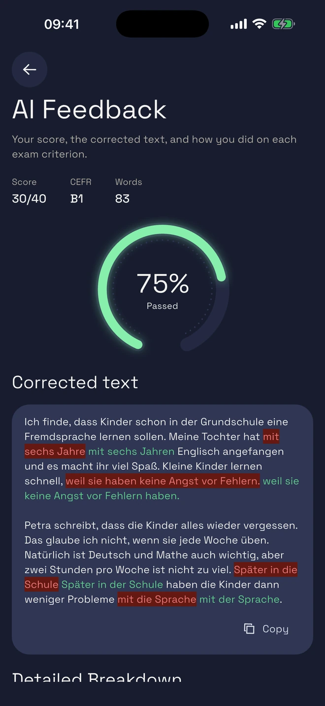 AI feedback in doch!, in dark mode: a score of 30 out of 40, 75 percent, “Passed”, above the corrected text with every fix highlighted in place.